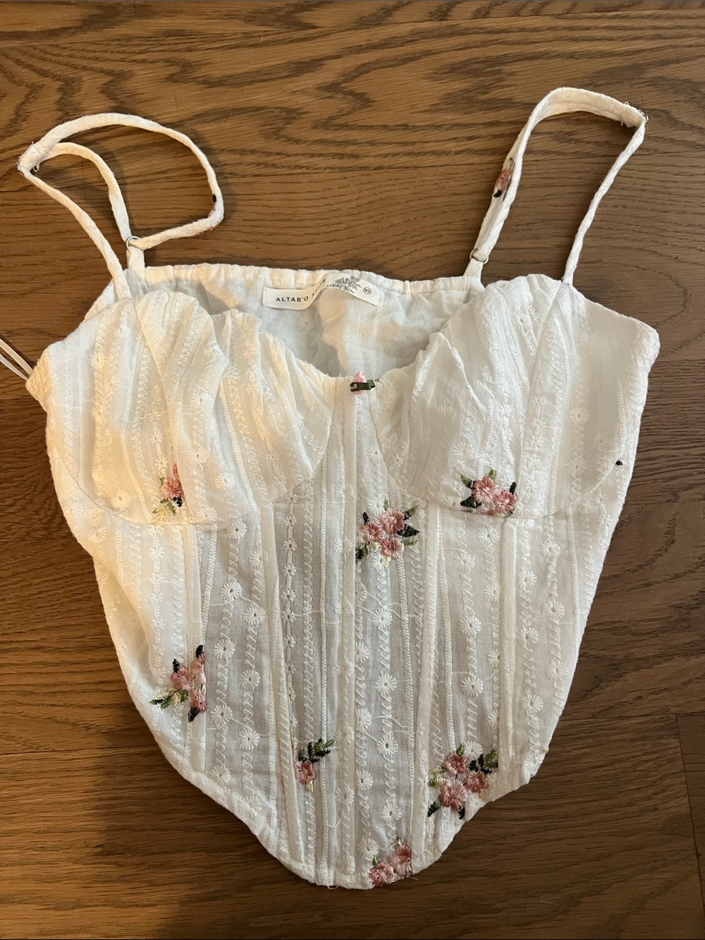 Altar'd State White Bustier Camisole with Pink Floral Embroidery